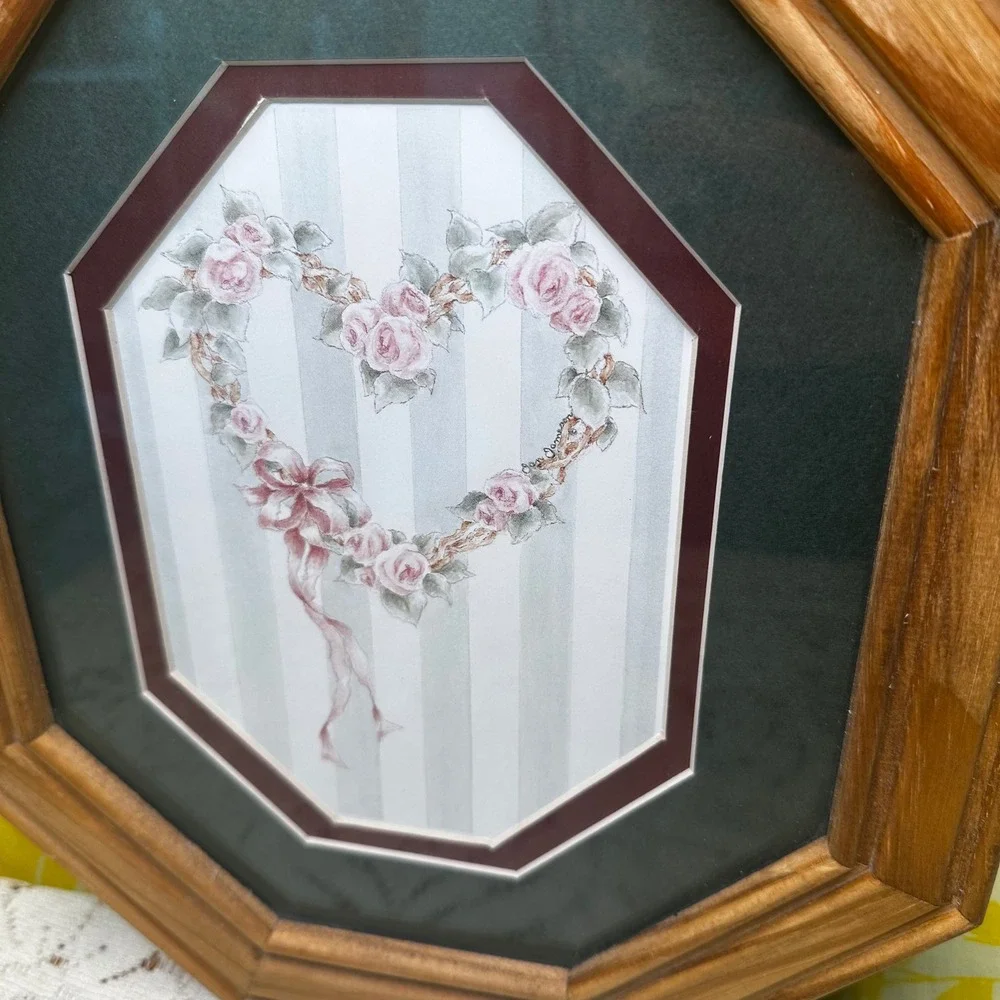 Vintage Octagonal Wood Jewelry Box Floral Heart Shadow Box Glass Top Organizer